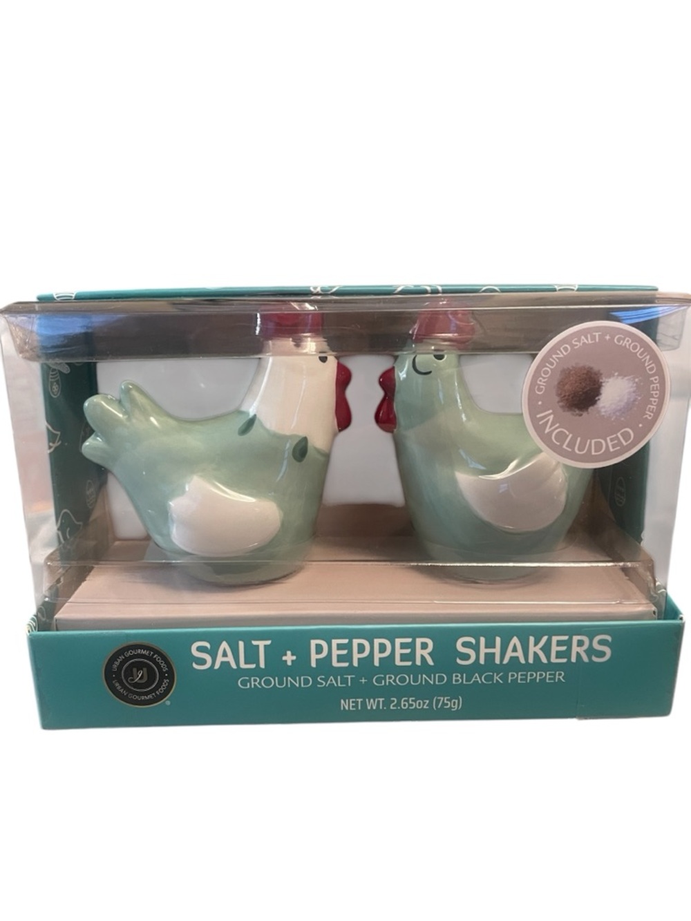Urban Gourmet Ceramic Hen Salt & Pepper Shaker Set - NIB - Sage Green/White